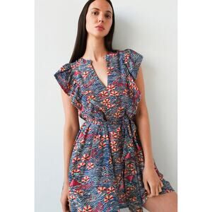 Chufy X Andre Cotton Silk Nautical Beach Print Ruffle Trin Mini Dress M